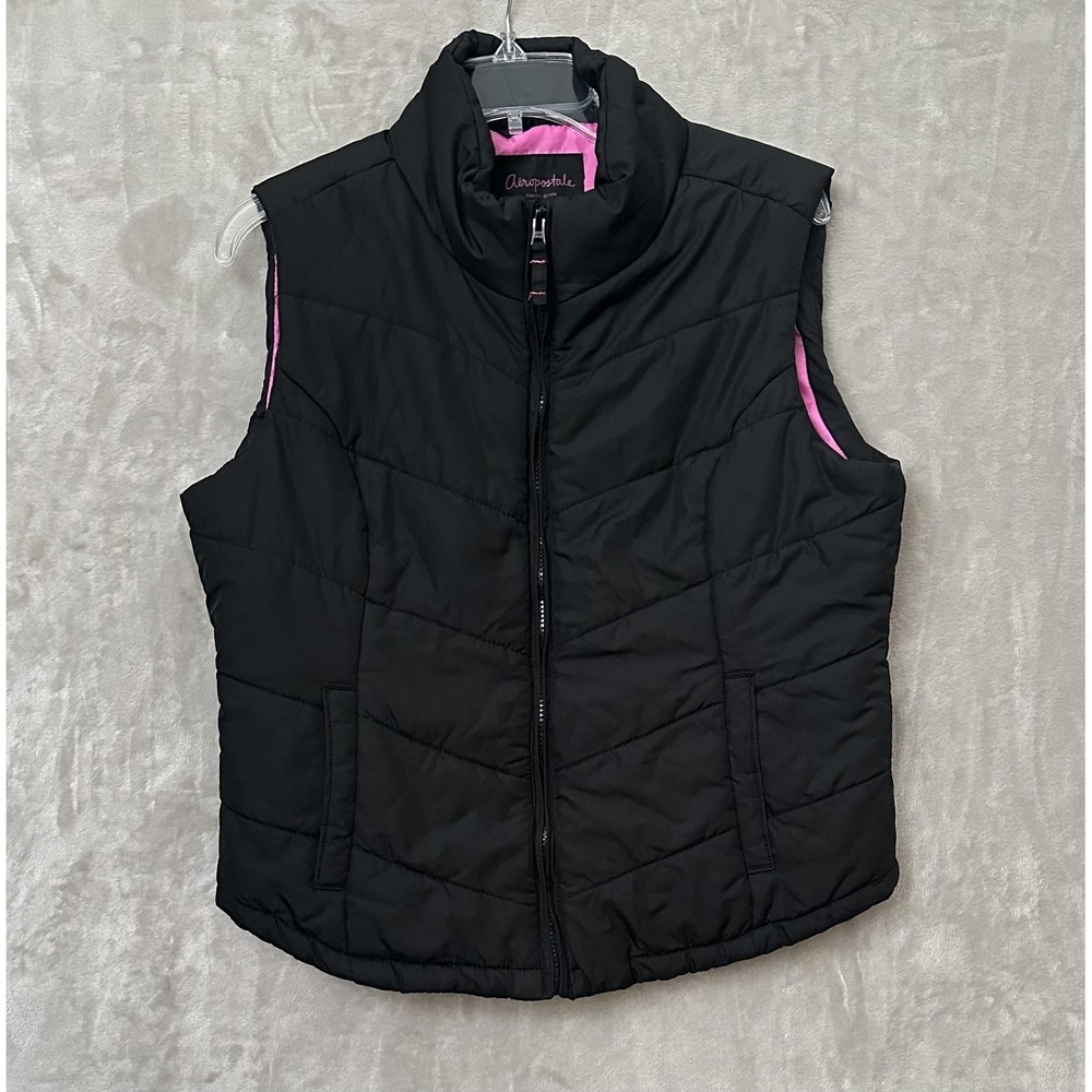 Aeropostale Puffer Vest Womens XL Black Pink Quilted Zip Up Sleeveless Jacket